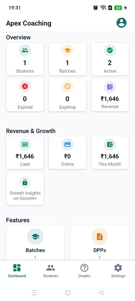 Edupilot tutor dashboard showing batches, DPPs, revenue, and student overview on Android